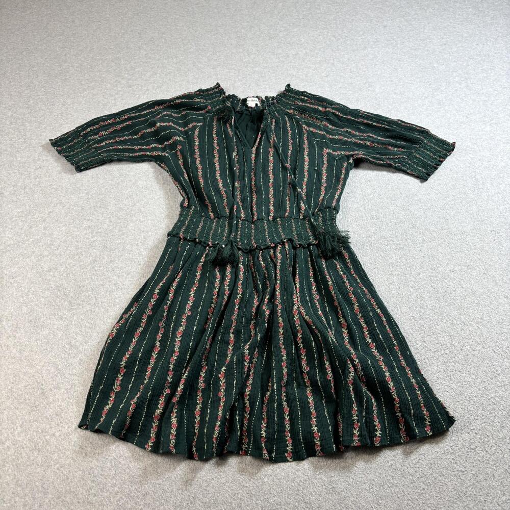Roller Rabbit Dress Womens Medium Green Floral Stripe Smocked Waist Tassel Boho